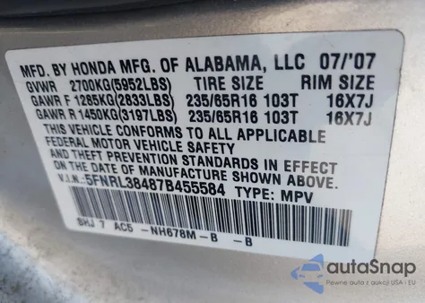 2007 Honda Odyssey Ex из США, поврежденный, VIN 5FNRL38487B455584